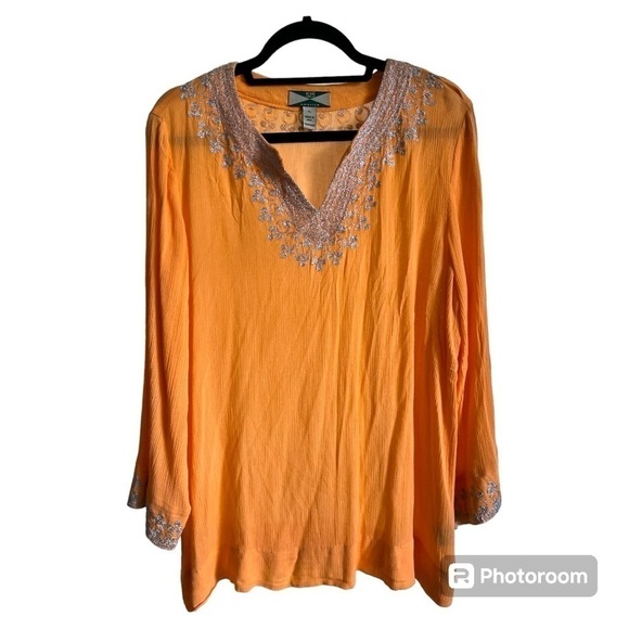 525 America Tops - 525 America BohoTunic Top in Orange Silver embroidery v-neck blouse size XL